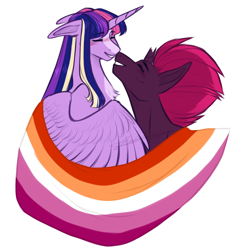 Size: 1000x1000 | Tagged: safe, artist:purplegrim40, derpibooru import, tempest shadow, twilight sparkle, twilight sparkle (alicorn), alicorn, pony, female, lesbian, mouthpiece, nuzzling, pride, pride flag, shipping, simple background, tempestlight, white background