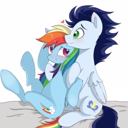 Size: 2176x2176 | Tagged: safe, artist:zhangwenwen, derpibooru import, rainbow dash, soarin', pegasus, pony, backwards cutie mark, blushing, female, male, mare, shipping, shy, sitting, smiling, soarindash, stallion, straight