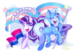 Size: 1024x704 | Tagged: safe, artist:screwchaos, derpibooru import, starlight glimmer, trixie, pony, unicorn, abstract background, bisexual pride flag, butt, chest fluff, cute, diatrixes, dock, featureless crotch, female, glimmerbetes, lesbian, lidded eyes, mouthpiece, no pupils, open mouth, open smile, plot, pride, pride flag, pride month, shipping, smiling, startrix, tail, trans trixie, transgender, transgender pride flag, two toned coat