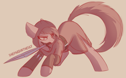 Size: 1631x1013 | Tagged: safe, artist:shepardinthesky, derpibooru import, pony, clothes, mouth hold, sketch, solo, sword, weapon