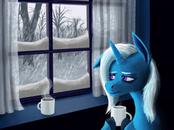 Size: 1600x1200 | Tagged: safe, artist:necromarecy, derpibooru import, trixie, pony, unicorn, cup, sad, snow, snowfall, solo, tree, window, winter