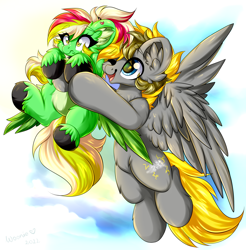 Size: 2100x2138 | Tagged: safe, artist:woonborg, derpibooru import, oc, oc:gumdrops, oc:snuggle, pegasus, chest fluff, confused, ear fluff, ears, flying, happy, surprised