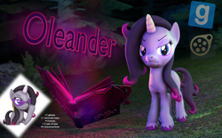 Size: 1696x1049 | Tagged: safe, artist:pika-robo, derpibooru import, oleander, pony, unicorn, them's fightin' herds, 3d, book, community related, download at source, downloadable, eyebrows, forest, frown, glasses, gmod, looking at you, ponified, revamped ponies, solo, source filmmaker, unicornomicon, unshorn fetlocks