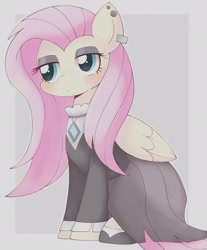 Size: 1579x1903 | Tagged: safe, artist:ginmaruxx, artist:kuzuyukuro, derpibooru import, fluttershy, pegasus, pony, alternate hairstyle, blushing, clothes, ear piercing, earring, eyeshadow, female, fluttergoth, folded wings, gem, goth, jacket, jewelry, lidded eyes, makeup, mare, necklace, piercing, simple background, sitting, solo, white background, wings