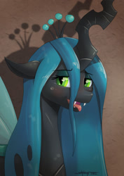 Size: 1280x1811 | Tagged: safe, artist:shikogo, derpibooru import, queen chrysalis, changeling, changeling queen, bust, cute, cute little fangs, cutealis, fangs, female, looking at you, open mouth, portrait, solo, tongue, tongue out