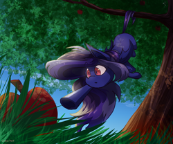 Size: 3000x2500 | Tagged: safe, artist:celes-969, derpibooru import, oc, oc only, bat pony, pony, apple, apple tree, behaving like a bat, food, solo, tree, tree branch, upside down