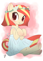 Size: 1000x1414 | Tagged: safe, artist:yanamosuda, derpibooru import, oc, oc:poniko, earth pony, pony, blushing, clothes, dress, floral head wreath, flower, sitting, solo