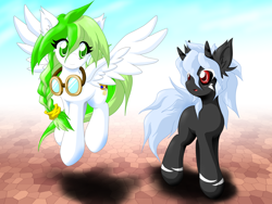 Size: 2000x1500 | Tagged: safe, artist:ragurimo, derpibooru import, oc, oc only, pegasus, pony, duo, female, goggles, horns, looking at someone, mare, wings