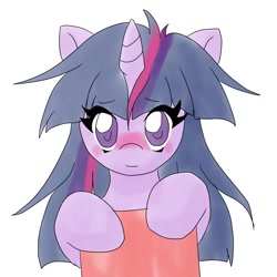 Size: 1000x1000 | Tagged: safe, artist:ragurimo, derpibooru import, twilight sparkle, pony, female, horn, looking at you, mare, messy mane, simple background, solo, white background