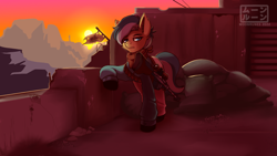 Size: 1920x1080 | Tagged: safe, artist:moonrunes, derpibooru import, earth pony, pony, fallout, gun, ncr, ncr ranger, rifle, sniper rifle, solo, weapon