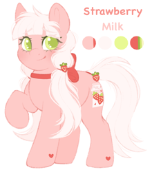 Size: 1800x2048 | Tagged: safe, artist:adostume, derpibooru import, oc, oc only, oc:strawberry milk, earth pony, pony, blushing, bow, cute, eyes open, female, food, heart, hearts on hooves, pigtails, ponytails, reference sheet, simple background, smiling, solo, strawberry, white background