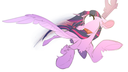 Size: 1920x1080 | Tagged: safe, artist:wacky-skiff, derpibooru import, twilight sparkle, twilight sparkle (alicorn), alicorn, insect, ladybug, pony, chest fluff, ears, floppy ears, flying, simple background, solo, white background