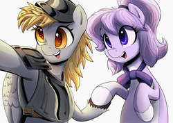 Size: 4960x3508 | Tagged: safe, artist:ahobobo, derpibooru import, derpy hooves, oc, oc:mio, earth pony, pegasus, pony, armor, duo, female, holding hooves, knight, mare, simple background, white background