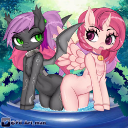 Size: 3000x3000 | Tagged: safe, artist:fd, derpibooru import, oc, oc only, oc:mitsy, alicorn, bat pony, pony, alicorn oc, background, bat pony oc, bell, bell collar, collar, cute, duo, horn, looking at you, oc x oc, shipping, swimming pool, water, wings