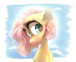 Size: 1280x1048 | Tagged: safe, artist:wacky-skiff, derpibooru import, fluttershy, pony, alternate hairstyle, aside glance, bust, chest fluff, ear fluff, ears, eyelashes, female, head tilt, heart, heart eyes, looking at you, mare, portrait, short hair, sky background, smiling, solo, three quarter view, wingding eyes