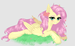 Size: 1280x787 | Tagged: safe, artist:sufflle, derpibooru import, fluttershy, pegasus, pony, aside glance, beige background, cheek fluff, ear fluff, ears, female, flower, flower in hair, grass, grin, looking at you, lying down, mare, prone, simple background, smiling, smiling at you, solo, white background, wings