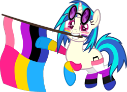 Size: 1233x901 | Tagged: safe, artist:yeetmedownthestairs, derpibooru import, dj pon-3, vinyl scratch, pony, unicorn, clothes, commission, cute, face paint, flag, genderfluid, genderfluid pride flag, grin, mouth hold, mouthpiece, pansexual, pansexual pride flag, pride, pride flag, pride month, raised hoof, raised leg, simple background, smiling, socks, solo, striped socks, transparent background, vinyl's glasses, vinylbetes, ych result