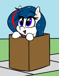 Size: 556x714 | Tagged: safe, artist:seafooddinner, derpibooru import, oc, oc only, oc:nasapone, earth pony, pony, box, cardboard box, cute, earth pony oc, female, happy, mare, open mouth, simple background, solo
