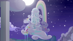 Size: 2048x1149 | Tagged: safe, derpibooru import, background, cloud, cloud house, no pony, rainbow, rainbow dash's house, rainbow waterfall, scenery, sky