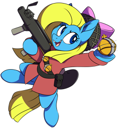 Size: 1975x2131 | Tagged: safe, artist:notetaker, derpibooru import, oc, oc only, oc:cuteamena, earth pony, pony, commission, female, grenade, holy hand grenade, mare, open mouth, open smile, rocket launcher, simple background, smiling, soldier, solo, team fortress 2, transparent background, weapon