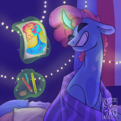 Size: 1280x1280 | Tagged: safe, artist:gothalite, derpibooru import, oc, oc only, pony, unicorn, blanket, drawing, glowing, glowing horn, grin, horn, indoors, magic, pencil, pillow, smiling, solo, telekinesis, unicorn oc