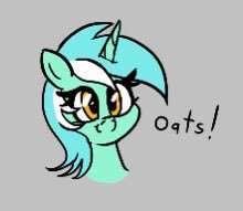 Size: 220x191 | Tagged: safe, artist:seafooddinner, derpibooru import, lyra heartstrings, pony, unicorn, aggie.io, bust, female, food, gray background, mare, oats, simple background, smiling, solo, that pony sure does love oats