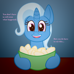 Size: 2048x2046 | Tagged: safe, artist:xppp1n, trixie, unicorn, bowl, dialogue, egg, female, food, looking at you, mare, simple background, solo, you have to eat all the eggs