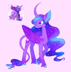 Size: 1922x1952 | Tagged: safe, artist:sidruni, derpibooru import, princess luna, alicorn, pony, big ears, colored hooves, curved horn, ears, female, horn, leonine tail, mare, pink background, simple background, smiling, solo, tail, toy