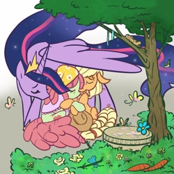 Size: 2048x2048 | Tagged: safe, artist:pfeffaroo, derpibooru import, applejack, princess twilight 2.0, tree hugger, twilight sparkle, twilight sparkle (alicorn), alicorn, butterfly, earth pony, pony, the last problem, bird nest, braided tail, carrot, crown, ethereal mane, fluttershy's cutie mark, food, gravestone, implied death, implied fluttershy, jewelry, nest, older, older applejack, older twilight, regalia, starry mane, tail, tree