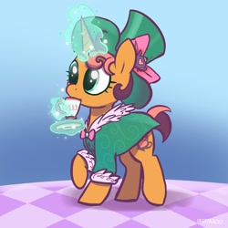 Size: 2368x2368 | Tagged: safe, artist:pfeffaroo, derpibooru import, oc, oc only, oc:kettle chip, pony, unicorn, clothes, dress, food, levitation, magic, solo, tea, telekinesis