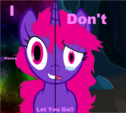 Size: 850x760 | Tagged: safe, artist:aproudhomestuck, derpibooru import, oc, oc only, oc:ivory chocolate, pony, unicorn, cave, crying, dialogue, female, frown, horn, mare, no catchlights, rainbow, sad, smiling, text, two sides