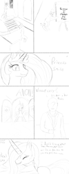 Size: 2000x5000 | Tagged: safe, artist:enonnnymous, derpibooru import, princess celestia, oc, oc:anon, alicorn, pony, /sun/, comic, cute, dialogue, eyes closed, hat, hug, monochrome, smiling, stairs, talking