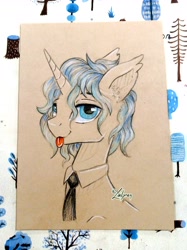 Size: 2603x3476 | Tagged: safe, artist:lailyren, derpibooru import, oc, oc only, oc:hrabia de black sky, bat pony, pony, unicorn, :p, male, necktie, sketch, solo, stallion, tongue, tongue out, traditional art