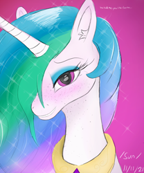 Size: 2000x2400 | Tagged: safe, artist:enonnnymous, derpibooru import, princess celestia, alicorn, pony, /sun/, blushing, dialogue, freckles, looking at you, solo