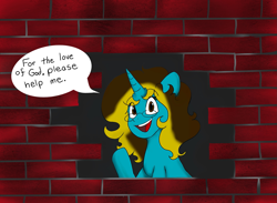 Size: 2325x1702 | Tagged: safe, artist:sweet, derpibooru import, oc, oc:sweet disaster, unicorn, brick wall, commission, commissioner:reversalmushroom, funny, horn, immurement, meme, the cask of amontillado, unicorn oc