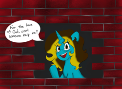 Size: 2325x1702 | Tagged: safe, alternate version, artist:sweet, derpibooru import, oc, oc:sweet disaster, unicorn, brick wall, commission, funny, horn, immurement, meme, the cask of amontillado, unicorn oc