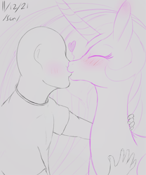 Size: 2500x3000 | Tagged: safe, artist:enonnnymous, derpibooru import, princess celestia, oc, oc:anon, alicorn, human, pony, /sun/, blushing, duo, eyes closed, heart, kissing