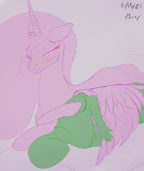 Size: 1968x2332 | Tagged: safe, artist:enonnnymous, derpibooru import, princess celestia, alicorn, human, pony, /sun/, bed, blushing, duo, hug, sleeping, smiling, winghug, wings