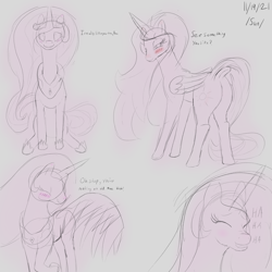 Size: 3000x3000 | Tagged: safe, artist:enonnnymous, derpibooru import, princess celestia, alicorn, pony, /sun/, blushing, butt, dock, drawpile, eyes closed, looking back, monochrome, plot, simple background, sitting, sketch, smiling, solo, tail