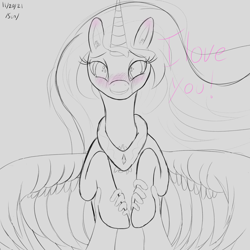 Size: 3000x3000 | Tagged: safe, artist:enonnnymous, derpibooru import, princess celestia, oc, oc:anon, alicorn, pony, /sun/, blushing, chest fluff, crying, hand, holding hooves, i love you, looking at you, monochrome, offscreen character, pov, simple background, smiling, solo focus, spread wings, tears of joy, wings