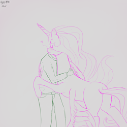 Size: 3000x3000 | Tagged: safe, artist:enonnnymous, derpibooru import, princess celestia, oc, oc:anon, alicorn, human, pony, /sun/, blushing, butt, duo, eyes closed, heart, hug, plot, simple background, smiling, winghug, wings