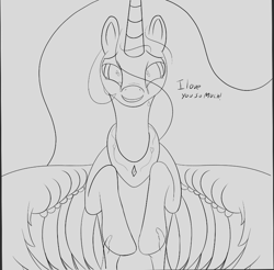 Size: 833x821 | Tagged: safe, artist:enonnnymous, derpibooru import, princess celestia, oc, oc:anon, alicorn, pony, /sun/, crying, dialogue, holding hooves, monochrome, offscreen character, pov, simple background, smiling, solo focus, spread wings, tears of joy, wings, wip