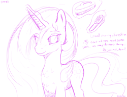 Size: 2600x2000 | Tagged: safe, artist:enonnnymous, derpibooru import, princess celestia, alicorn, pony, brush, chest fluff, dialogue, looking at you, monochrome, sketch, solo, talking to viewer, wingding eyes