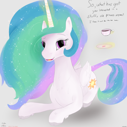 Size: 5000x5000 | Tagged: safe, artist:enonnnymous, derpibooru import, princess celestia, alicorn, pony, /sun/, blushing, chest fluff, cute, cutelestia, dialogue, female, food, heart, heart eyes, lying down, mare, missing accessory, prone, smiling, solo, talking to viewer, tea, wingding eyes