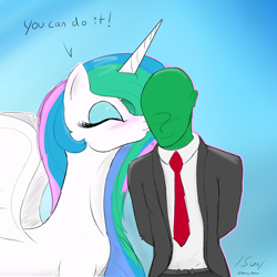 Size: 3000x3000 | Tagged: safe, artist:enonnnymous, derpibooru import, princess celestia, oc, oc:anon, alicorn, human, pony, /sun/, blushing, duo, eyes closed, female, heart, kiss on the cheek, kissing, mare, simple background, smiling, spread wings, wings