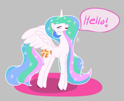 Size: 501x408 | Tagged: safe, artist:enonnnymous, derpibooru import, princess celestia, alicorn, pony, aggie.io, blushing, eyes closed, female, hello, mare, open mouth, open smile, simple background, smiling, solo, speech bubble, spread wings, talking, tiptoe, wings