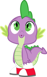 Size: 1280x2072 | Tagged: safe, artist:ponygamer2020, derpibooru import, spike, dragon, spike at your service, :o, clothes, clothes swap, converse, cosplay, costume, crossover, dragons wearing clothes, eyebrows, looking up, male, miles "spike" prower, miles "tails" prower, onomatopoeia, oooooh, open mouth, shoes, simple background, sneakers, solo, sonic the hedgehog (series), sound effects, transparent background, vector