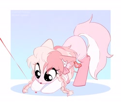 Size: 2664x2242 | Tagged: safe, artist:syrupyyy, derpibooru import, oc, oc only, oc:princess, cat, cat pony, earth pony, original species, pony, behaving like a cat, braid, clothes, ear tag, laser pointer, plush pony, plushie, solo, stockings, thigh highs, twin braids, ty