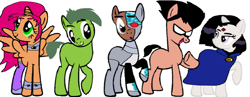 Size: 1854x720 | Tagged: safe, derpibooru import, alicorn, earth pony, pony, robot, robot pony, amulet, beast boy, boots, cloak, clothes, collar, crossover, cyborg (dc comics), dc comics, fangs, female, frown, gem, horn, jewelry, male, mare, mask, ponified, raised hoof, raised leg, raven (dc comics), robin (dc comics), shoes, simple background, smiling, spread wings, stallion, starfire, teen titans go, unamused, white background, wings, wristband