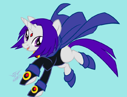 Size: 906x693 | Tagged: safe, artist:batangbatugan, derpibooru import, pony, unicorn, amulet, blue background, cloak, clothes, crossover, dc comics, female, gem, horn, jewelry, mare, ponified, raven (dc comics), shoes, signature, simple background, smiling, teen titans